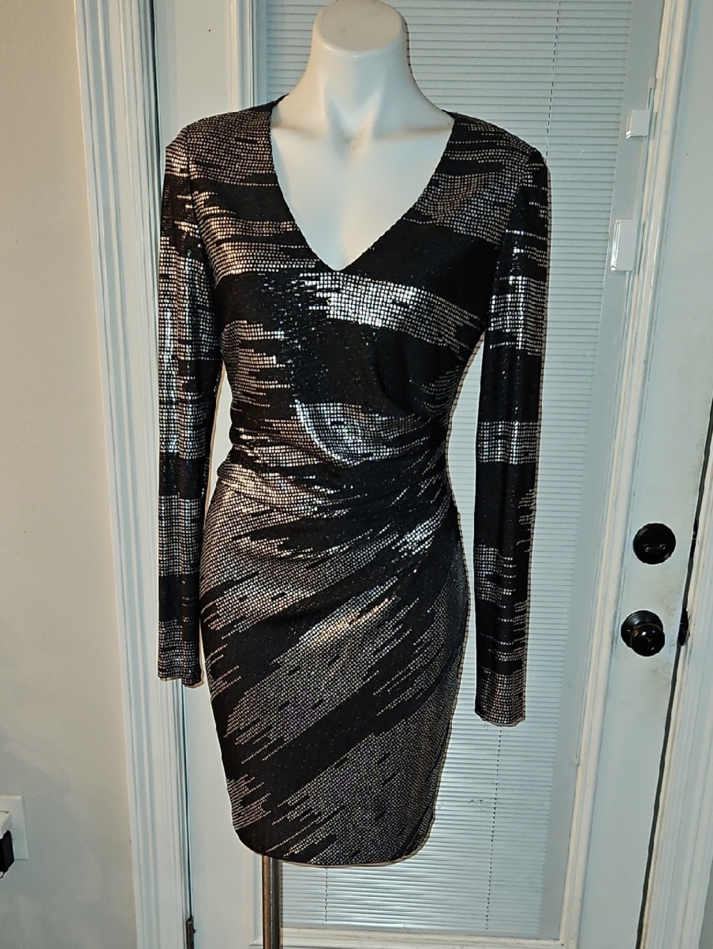 GUESS Black and Silver  Long Sleeve V-Neck Dress